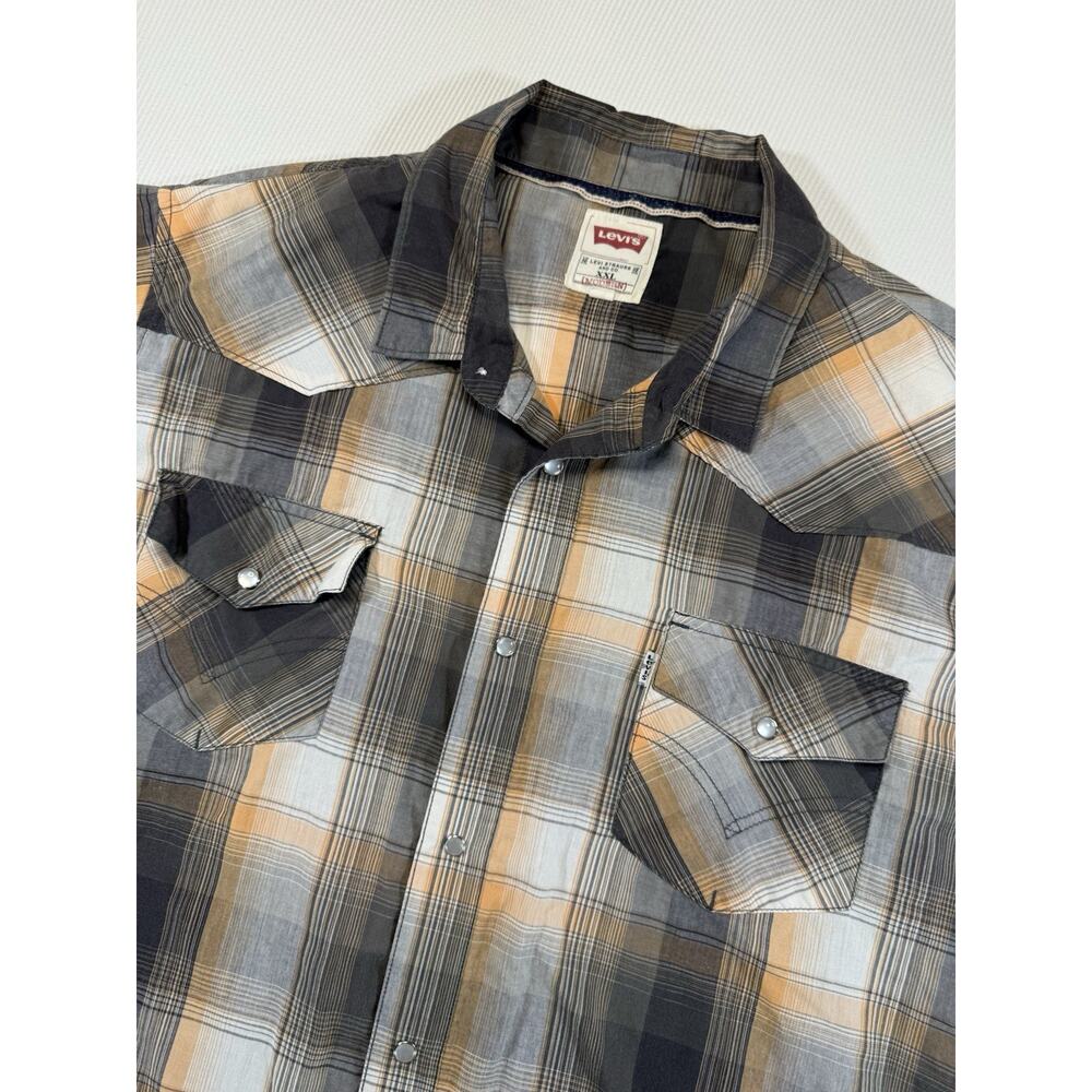 Levis Western Snap Shirt Plaid Short Sleeve Gray Tan Mens XXL